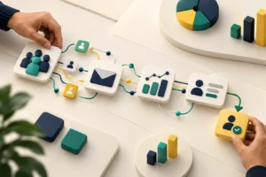 Fluxo integrado de automação de marketing conectando público, mensagens, dados e oportunidades de vendas