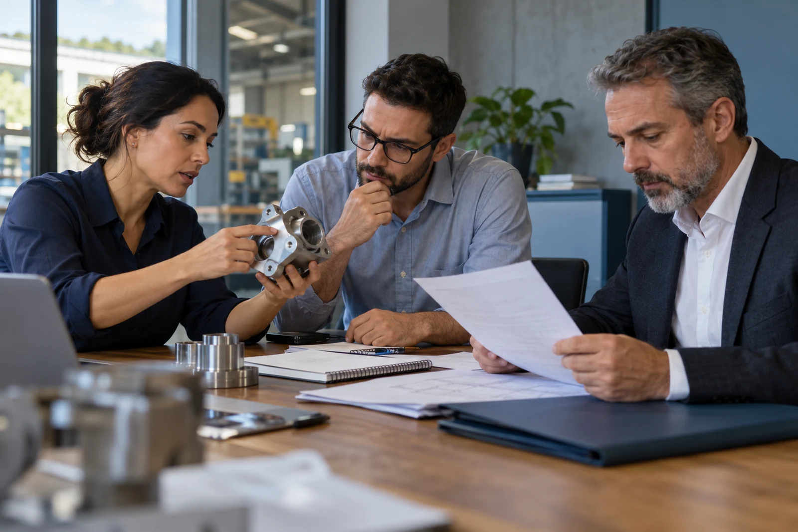 Três profissionais avaliam uma peça, seus aspectos técnicos e uma proposta comercial.