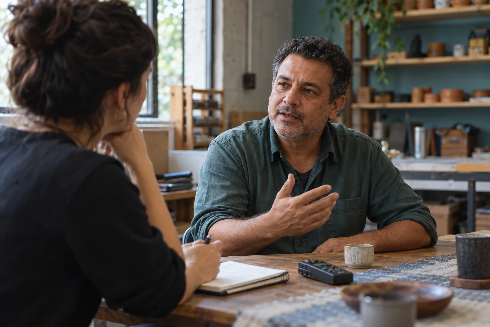 Pesquisadora ouve um empresário durante uma entrevista, com caderno e gravador sobre a mesa.