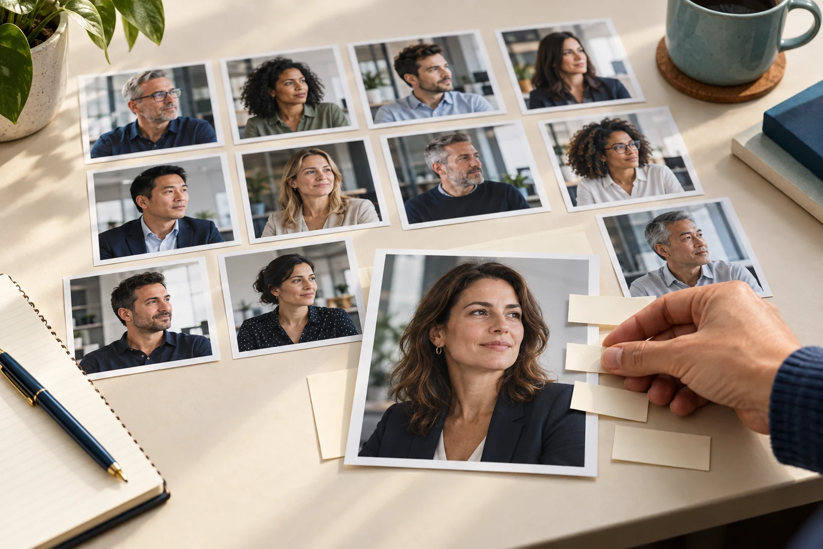 Retratos de profissionais em grupo e um perfil em destaque para representar a pesquisa de compradores.