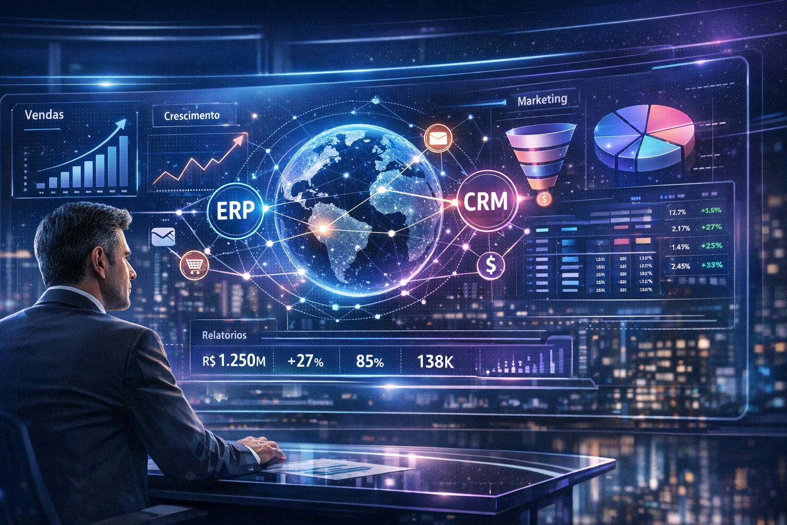 Banner horizontal 1600x600 para blog corporativo sobre IA no mundo corporativo brasileiro. Cena moderna com executivo analisando dashboard inteligente holográfico integrado a ERP e CRM, gráficos de crescimento, dados em tempo real e conexões digitais simbolizando integração entre marketing, vendas e finanças. Estética tecnológica, tons azul e roxo, iluminação sofisticada, estilo realista futurista, sensação de inovação, crescimento, estratégia e vantagem competitiva.