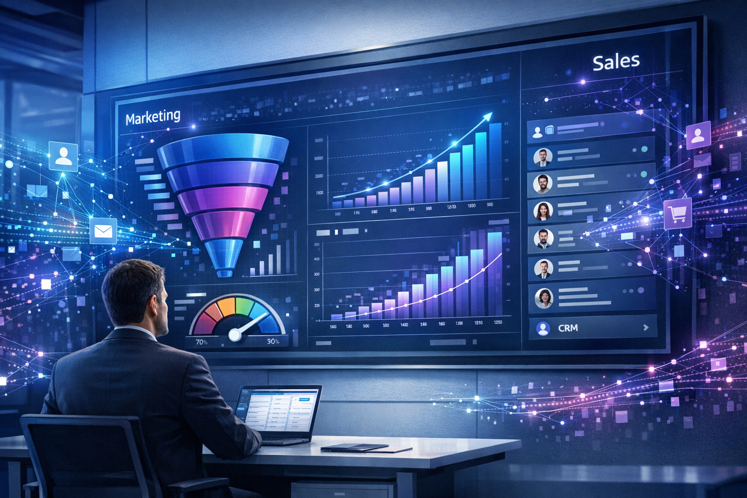 Imagem 1600x1024 para artigo sobre inteligência artificial no marketing orientada a vendas. Cena corporativa moderna com gestor analisando dashboard em grande tela com gráficos de funil, lead scoring, previsões e CRM integrado. Elementos visuais de IA como conexões digitais e dados fluindo entre Marketing e Vendas. Estilo tecnológico, profissional, cores azul e roxo, ambiente clean, foco em previsibilidade, performance e crescimento de receita. Sem texto na imagem.