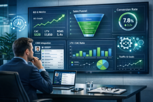 Imagem horizontal 1600x1024 para blog corporativo sobre marketing orientado por dados. Cena moderna com dashboard analítico em tela grande exibindo gráficos de ROI, CAC, LTV, funil de vendas e taxa de conversão, integração com CRM e ícones de IA. Profissional analisando métricas em ambiente executivo, estilo clean, cores azul e verde, iluminação tecnológica, sensação de crescimento previsível, estratégia, performance e inteligência estratégica.