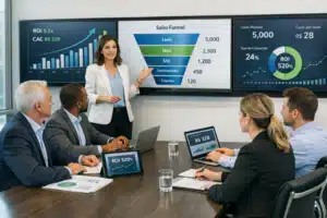 Imagem horizontal 1000x667 para artigo de blog sobre contratação de agência de marketing digital. Cena corporativa moderna mostrando equipe executiva em reunião estratégica com gráficos de crescimento, funil de vendas, indicadores de ROI, CAC e leads em telas digitais. Ambiente profissional, empresa de médio ou grande porte, estética clean e sofisticada. Elementos visuais de marketing digital, dados, dashboards, laptops e tablets. Tom estratégico, confiável e consultivo, iluminação natural, cores neutras com detalhes em azul e verde, estilo realista e contemporâneo.