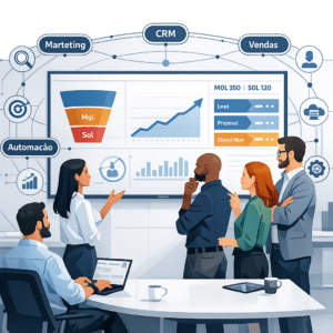 Crie uma imagem moderna e profissional que represente o marketing digital estratégico para empresas de tecnologia B2B. Cena corporativa com executivos analisando dashboards de dados, gráficos de crescimento, funil de vendas integrado e ícones de CRM, automação, IA e SEO conectados em um ecossistema visual. Ambiente tecnológico, tons de azul e cinza, estilo clean e futurista. Transmita planejamento, previsibilidade de receita, integração entre marketing e vendas, autoridade técnica e crescimento sustentável em empresas de software, SaaS e TI.