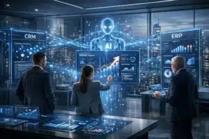 Crie uma imagem corporativa moderna e estratégica representando a Inteligência Artificial nas empresas como infraestrutura decisiva de crescimento. Cena de um ambiente empresarial futurista, com executivos analisando dashboards holográficos, gráficos preditivos, dados fluindo entre sistemas (CRM, ERP, BI) e agentes de IA conectando informações em tempo real. Visual clean, tons de azul e cinza, tecnologia integrada ao negócio, sensação de inovação, eficiência, tomada de decisão baseada em dados, competitividade e liderança empresarial no cenário digital atual. Estilo realista e premium.
