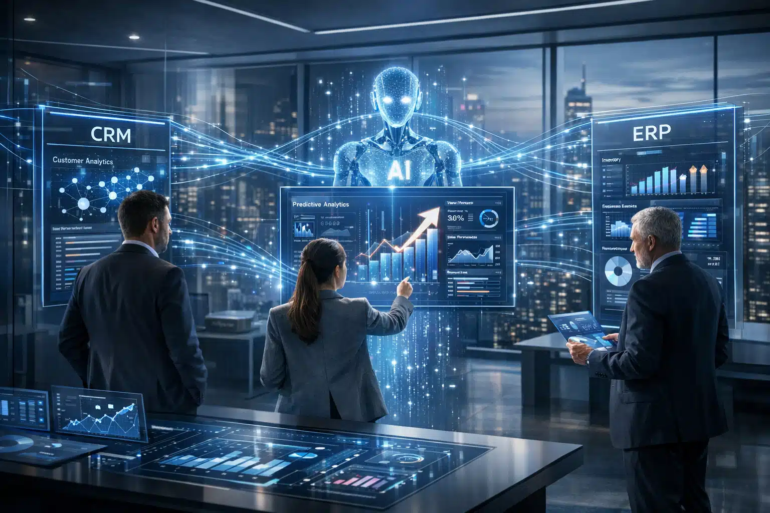 Crie uma imagem corporativa moderna e estratégica representando a Inteligência Artificial nas empresas como infraestrutura decisiva de crescimento. Cena de um ambiente empresarial futurista, com executivos analisando dashboards holográficos, gráficos preditivos, dados fluindo entre sistemas (CRM, ERP, BI) e agentes de IA conectando informações em tempo real. Visual clean, tons de azul e cinza, tecnologia integrada ao negócio, sensação de inovação, eficiência, tomada de decisão baseada em dados, competitividade e liderança empresarial no cenário digital atual. Estilo realista e premium.