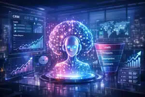 Imagem horizontal 1000x667 para blog corporativo sobre Agentes de IA em marketing e vendas. Cena moderna e tecnológica com interface digital holográfica, dashboards de CRM, gráficos de crescimento e funil de vendas ao redor de um cérebro digital ou assistente virtual luminoso, simbolizando automação inteligente, análise de dados e decisões estratégicas. Ambiente empresarial futurista, tons de azul e roxo, estilo realista e profissional, transmitindo inovação, eficiência, escala e crescimento sustentável.