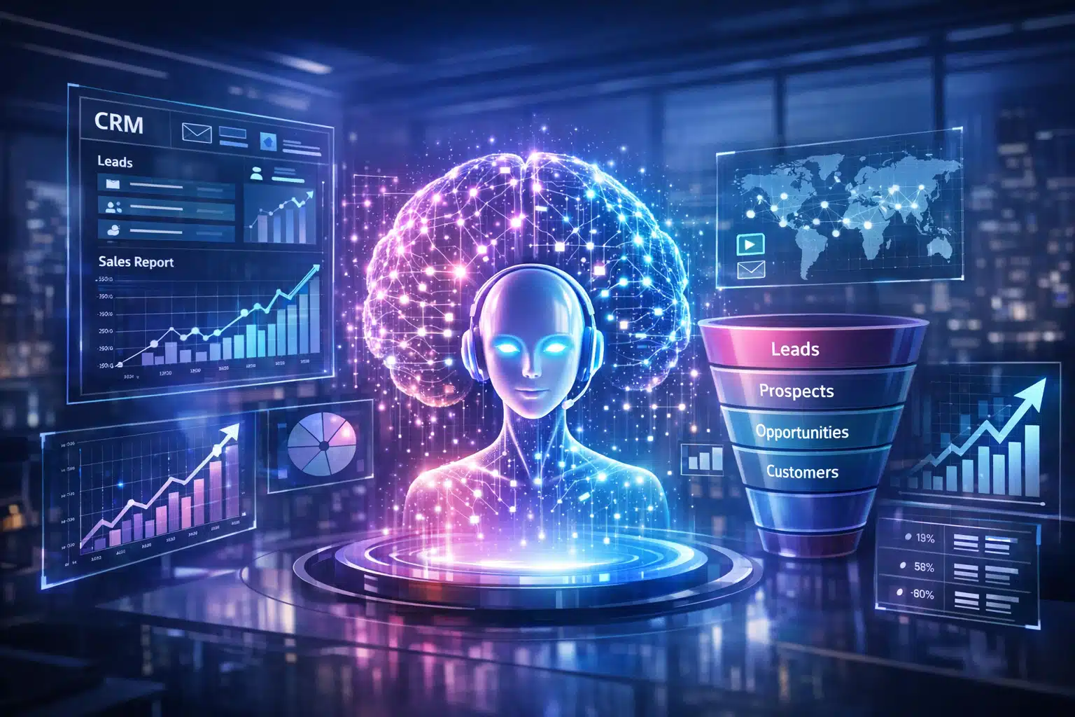 Imagem horizontal 1000x667 para blog corporativo sobre Agentes de IA em marketing e vendas. Cena moderna e tecnológica com interface digital holográfica, dashboards de CRM, gráficos de crescimento e funil de vendas ao redor de um cérebro digital ou assistente virtual luminoso, simbolizando automação inteligente, análise de dados e decisões estratégicas. Ambiente empresarial futurista, tons de azul e roxo, estilo realista e profissional, transmitindo inovação, eficiência, escala e crescimento sustentável.