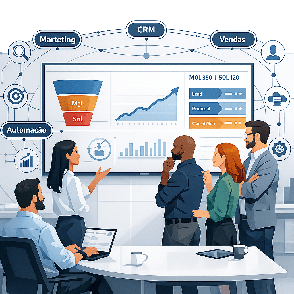 Crie uma imagem moderna e profissional que represente o marketing digital estratégico para empresas de tecnologia B2B. Cena corporativa com executivos analisando dashboards de dados, gráficos de crescimento, funil de vendas integrado e ícones de CRM, automação, IA e SEO conectados em um ecossistema visual. Ambiente tecnológico, tons de azul e cinza, estilo clean e futurista. Transmita planejamento, previsibilidade de receita, integração entre marketing e vendas, autoridade técnica e crescimento sustentável em empresas de software, SaaS e TI.