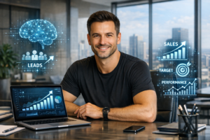 Executivo da área comercial sorrindo, usando camiseta preta, cabelo bem cortado e pouca barba, em escritório corporativo de alto padrão com design moderno, iluminação natural e vista urbana ao fundo. Ele olha diretamente para a câmera com postura confiante. Ambiente sofisticado, mesa organizada, notebook aberto com gráficos de crescimento e dados digitais sutis holográficos remetendo à Inteligência Artificial, vendas, geração de leads e performance. Estilo realista, alta definição, 1600x1024, foco profissional e estratégico.