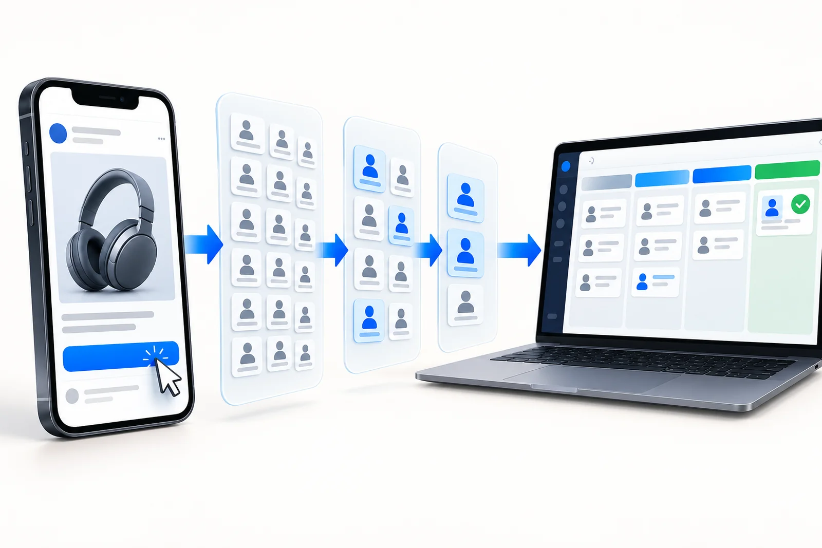 Anúncio em um celular direciona contatos para etapas de qualificação e um CRM de vendas em um notebook.