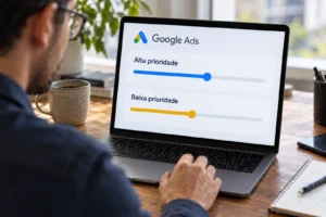 Profissional analisa prioridades alta e baixa em uma representação ilustrativa do Google Ads no notebook.