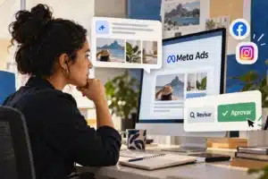 Profissional revisa sugestões de IA para campanhas no Meta Ads, com opções de revisar e aprovar.