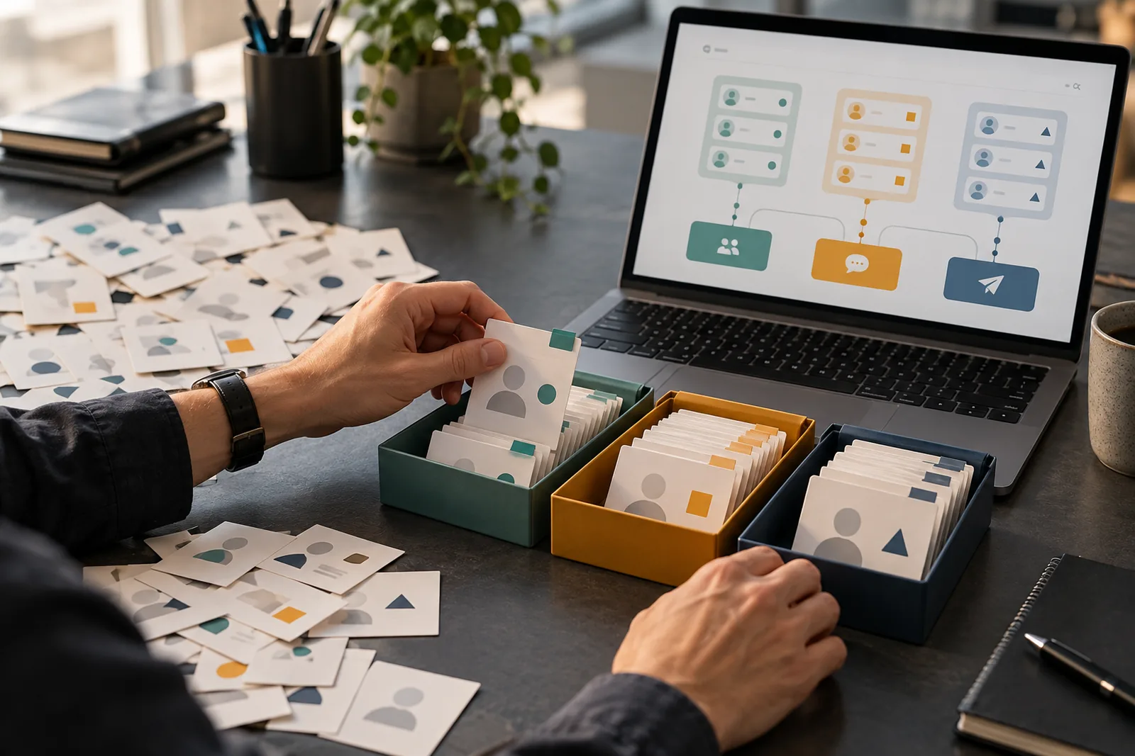 Profissional organiza contatos em grupos segmentados com apoio de um CRM