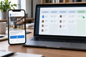 Anúncio em um celular ao lado de um CRM no notebook, com contatos acompanhados até a venda.