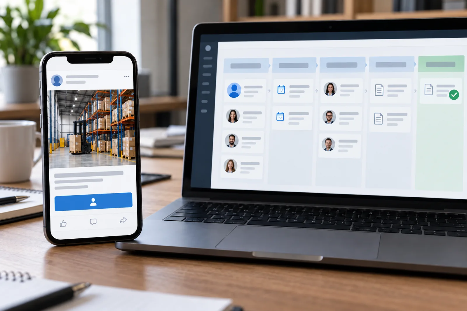 Anúncio em um celular ao lado de um CRM no notebook, com contatos acompanhados até a venda.